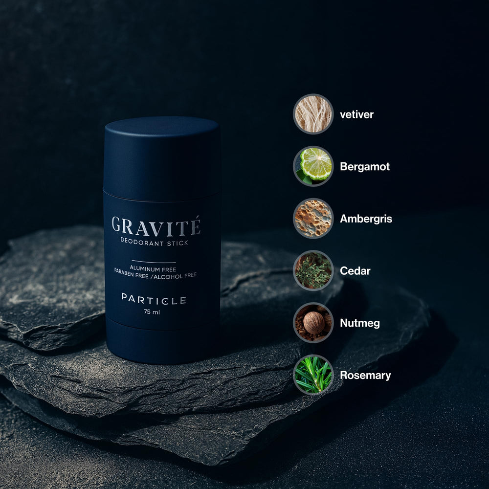Particle Gravité deodorant packaging highlights premium branding for daily confidence