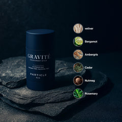 Particle Gravité deodorant packaging highlights premium branding for daily confidence
