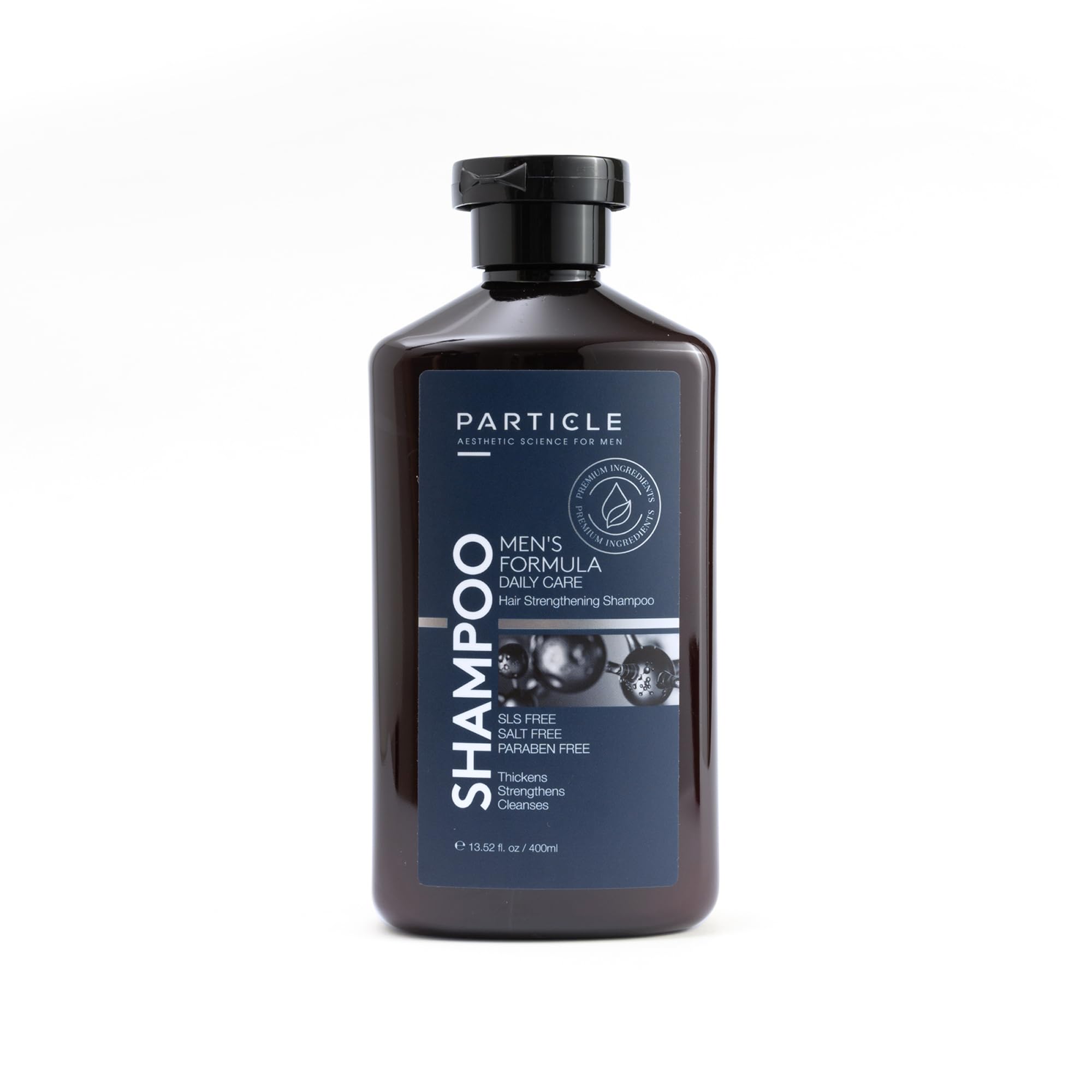 Particle Hair Thickening Shampoo bottle pour for a refreshing daily cleanse and masculine scent.