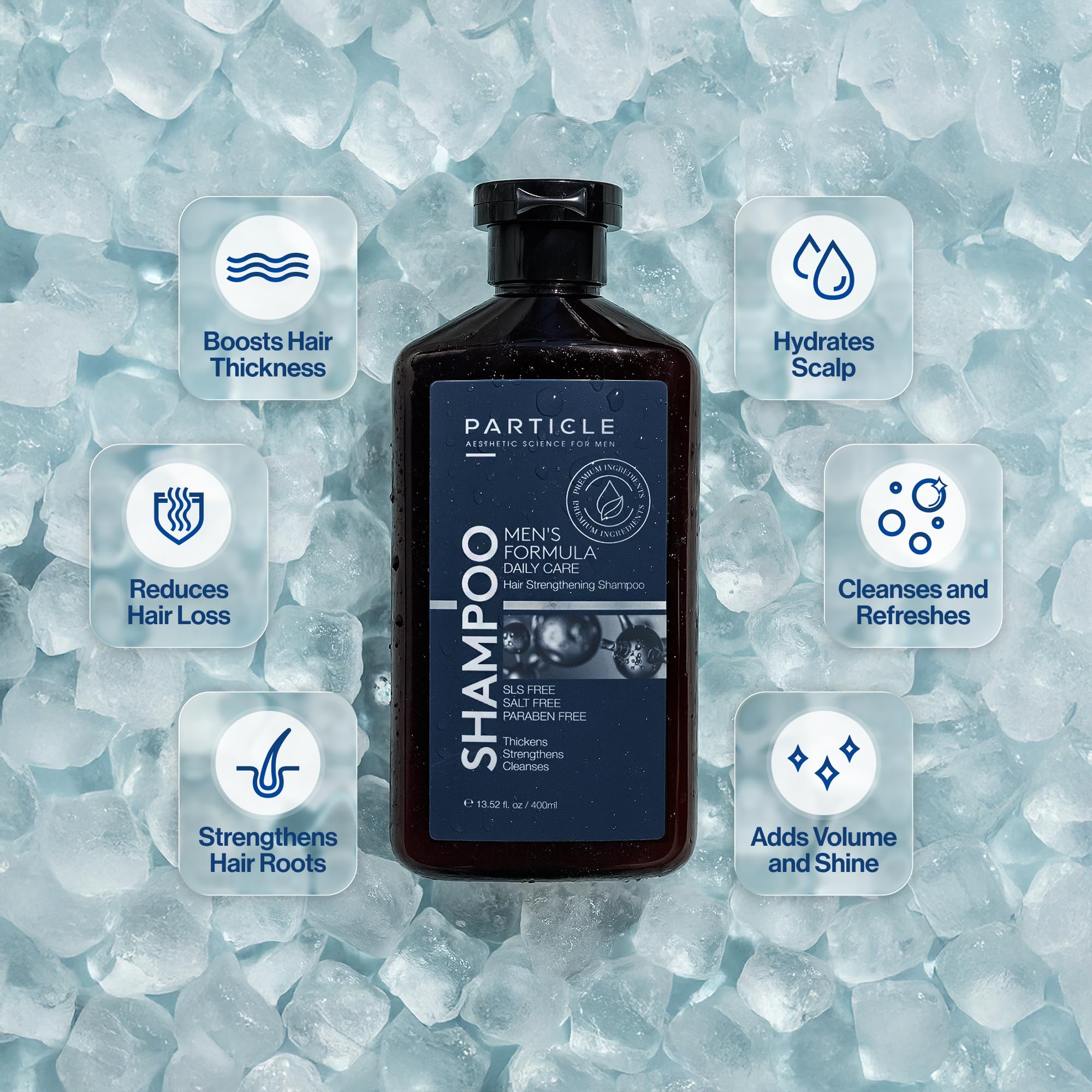 Particle Hair Thickening Shampoo lather close-up showing rich foam and biotin-rich formula benefits.