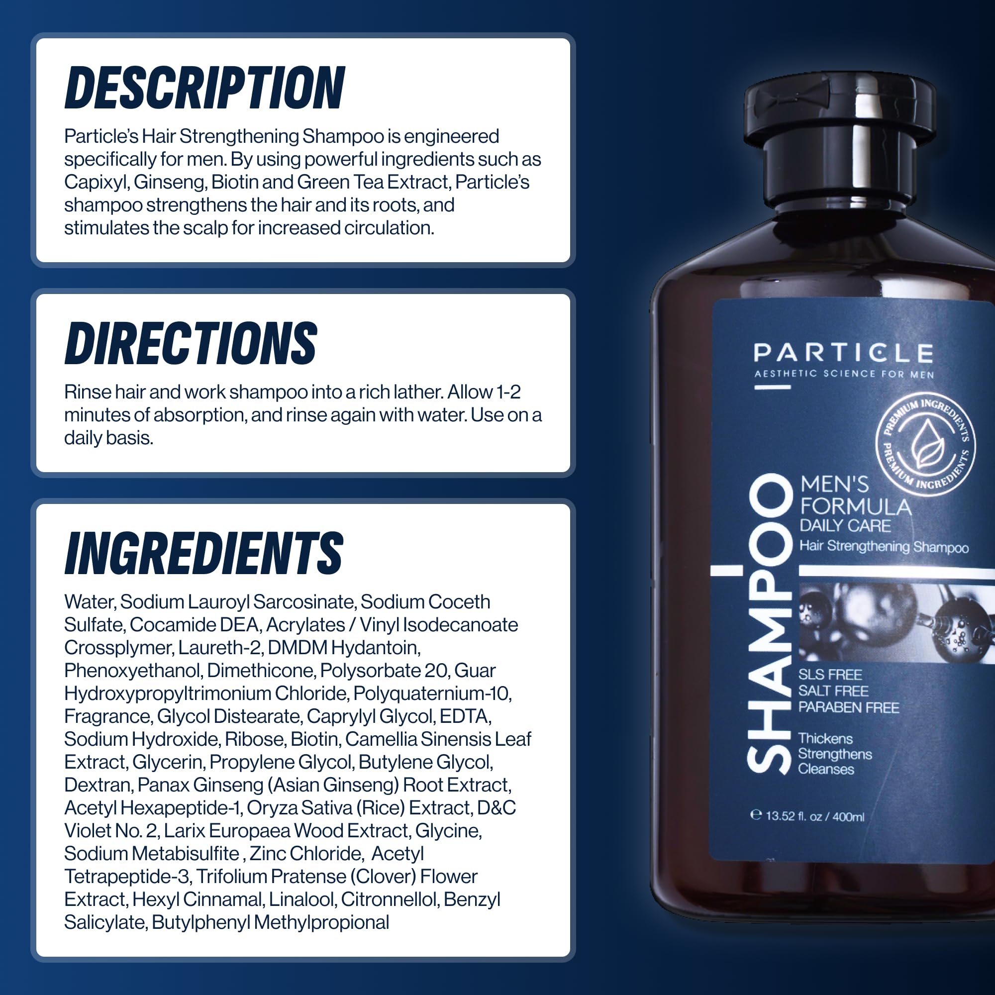 Particle Hair Thickening Shampoo bottle with foam on shower ledge signals easy rinse.