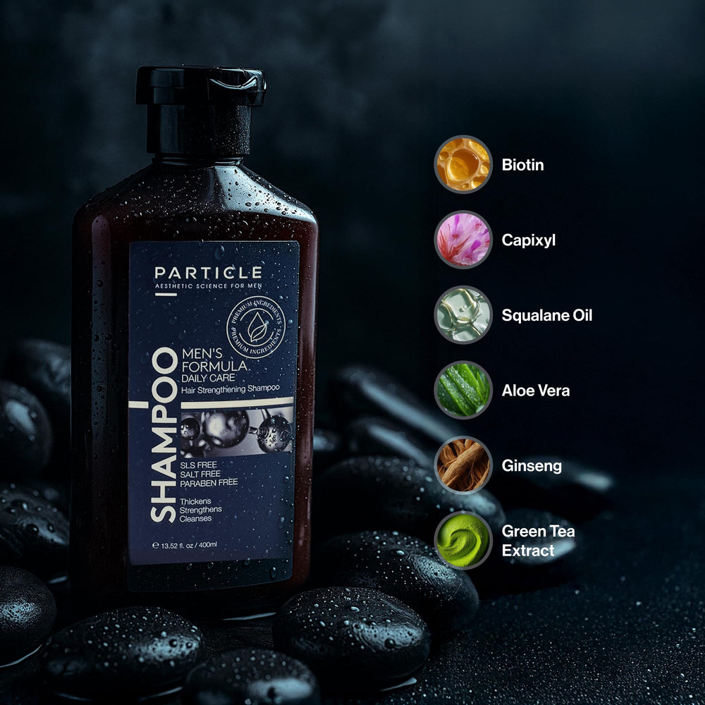 Particle Hair Thickening Shampoo scalp massage scene highlighting density support for men.