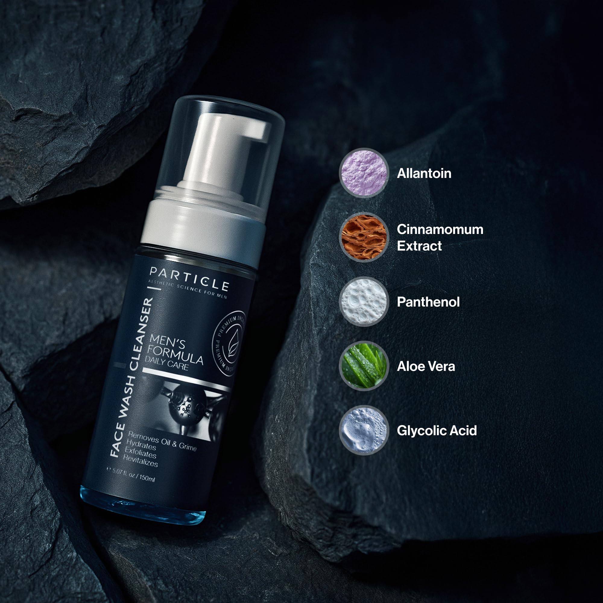 Particle Mens Face Wash key-ingredients blend highlights allantoin, aloe vera, and glycolic acid for balance.