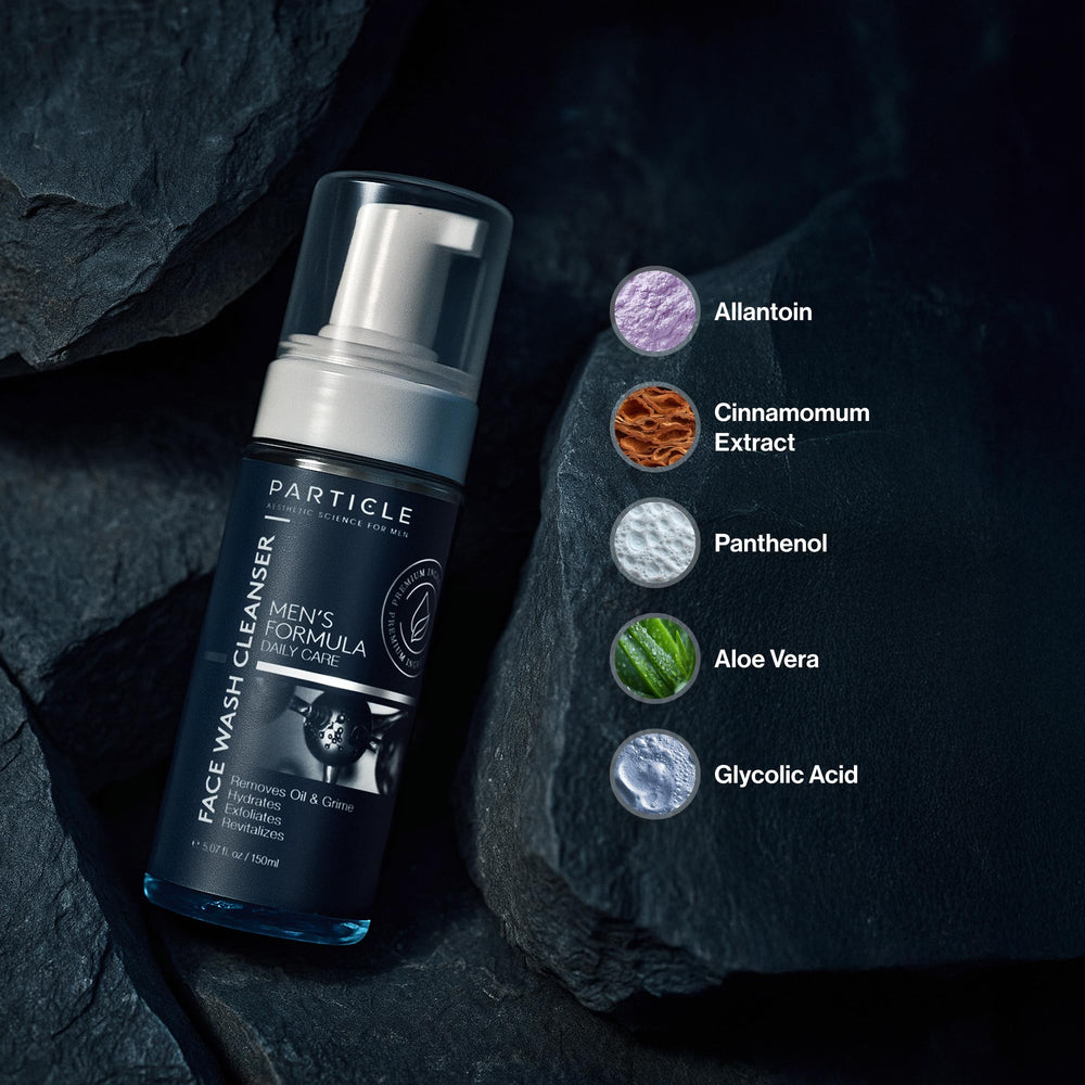 Particle Mens Face Wash key-ingredients blend highlights allantoin, aloe vera, and glycolic acid for balance.