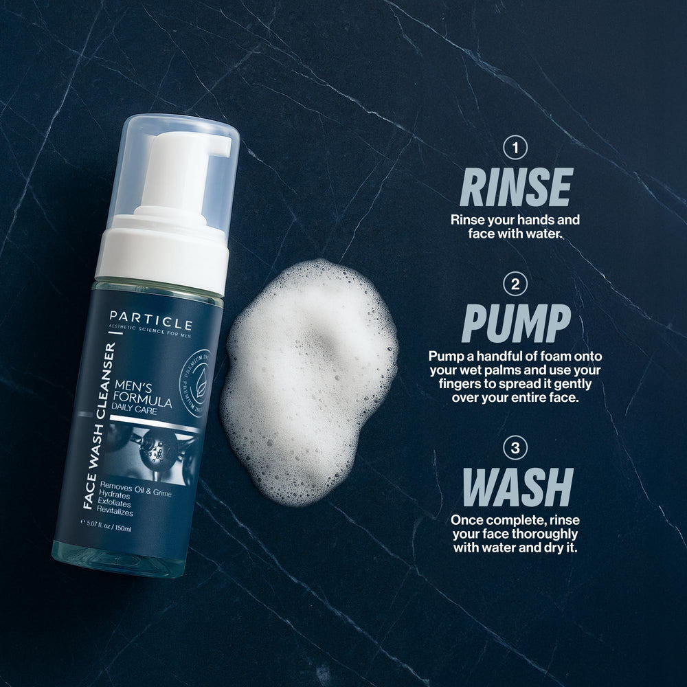 Particle Mens Face Wash light-foam rinse conveys quick, clean finish without heaviness.
