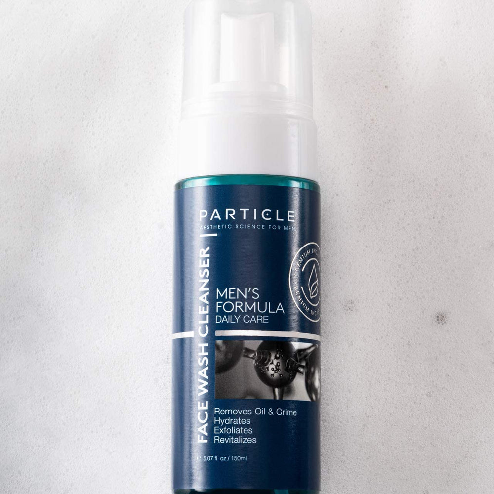 Particle Mens Face Wash shower-sink use illustrates flexible routine at home or gym.