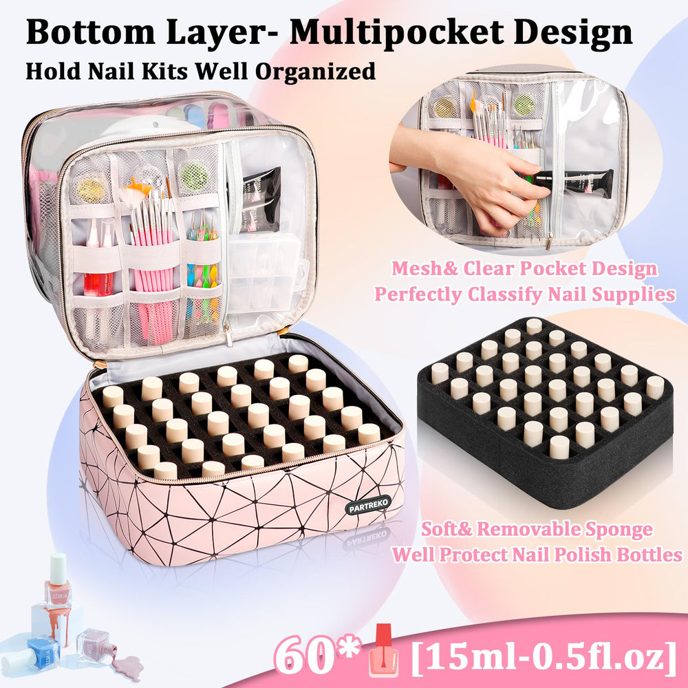 Partreko double-layer storage nail-kit organizer pink highlights efficient zoning of tools.