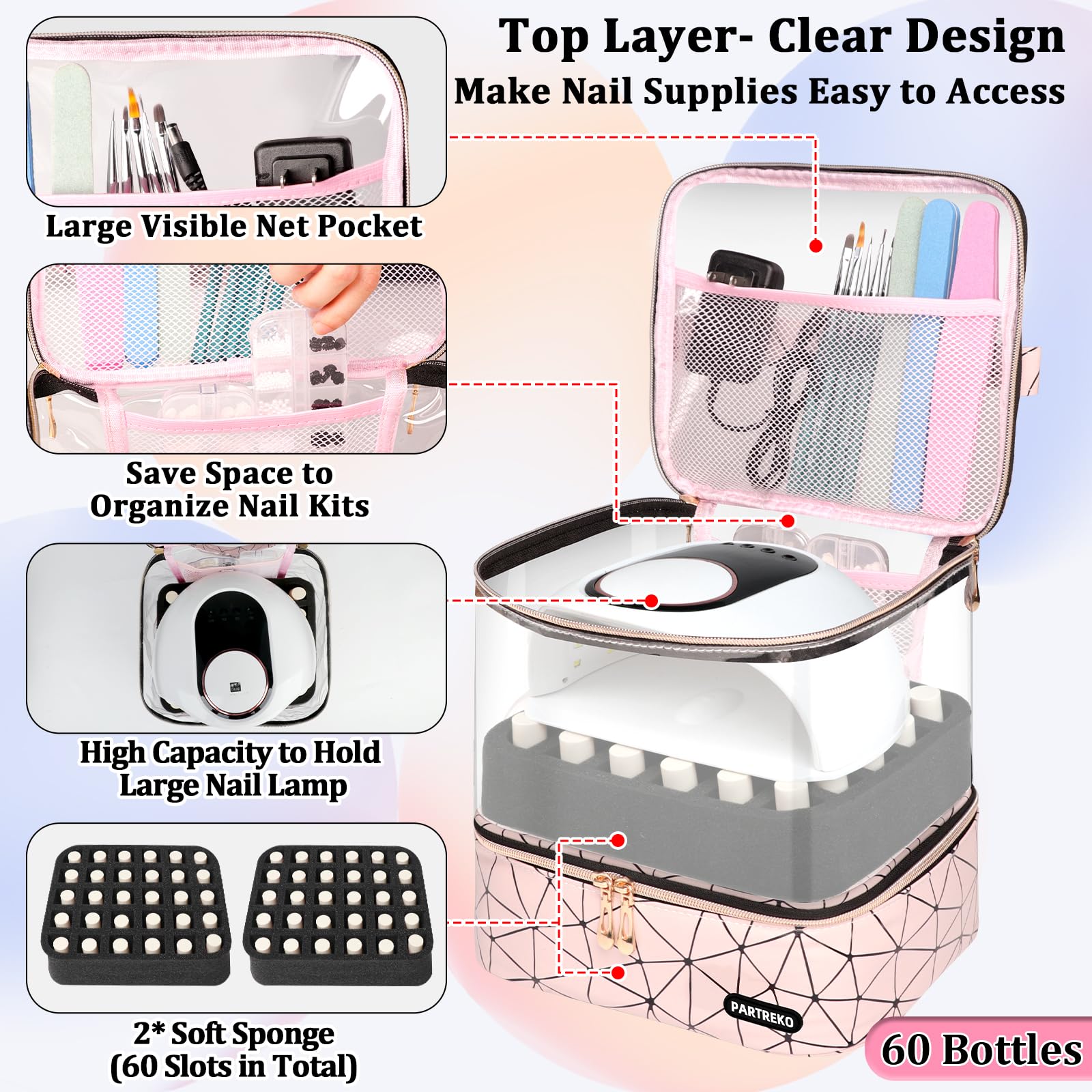 Partreko nail lamp inside view in pink illustrates quick, organized manicure setup.