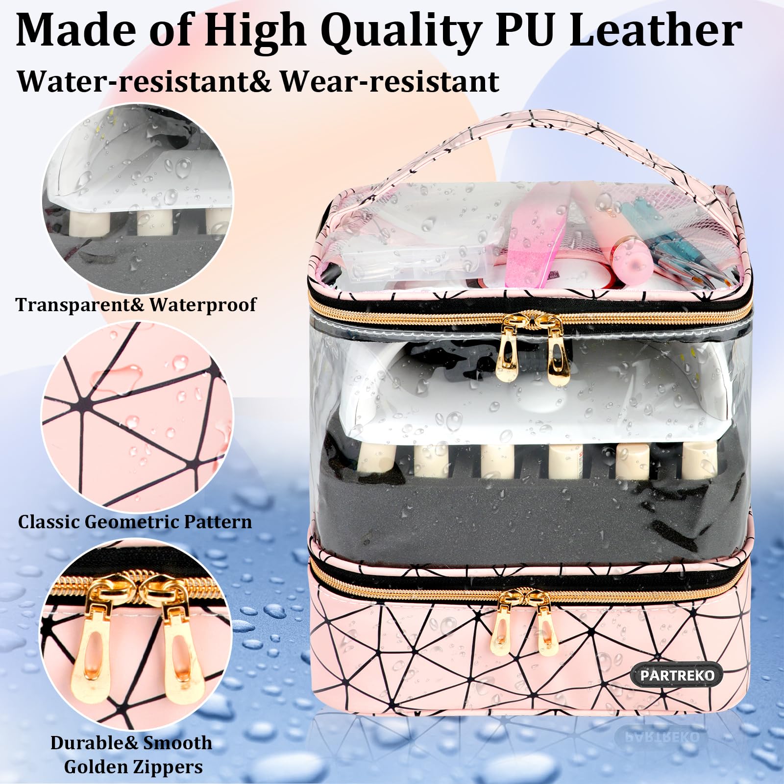 Partreko PU leather nail case exterior in pink emphasizes durable travel-ready design.