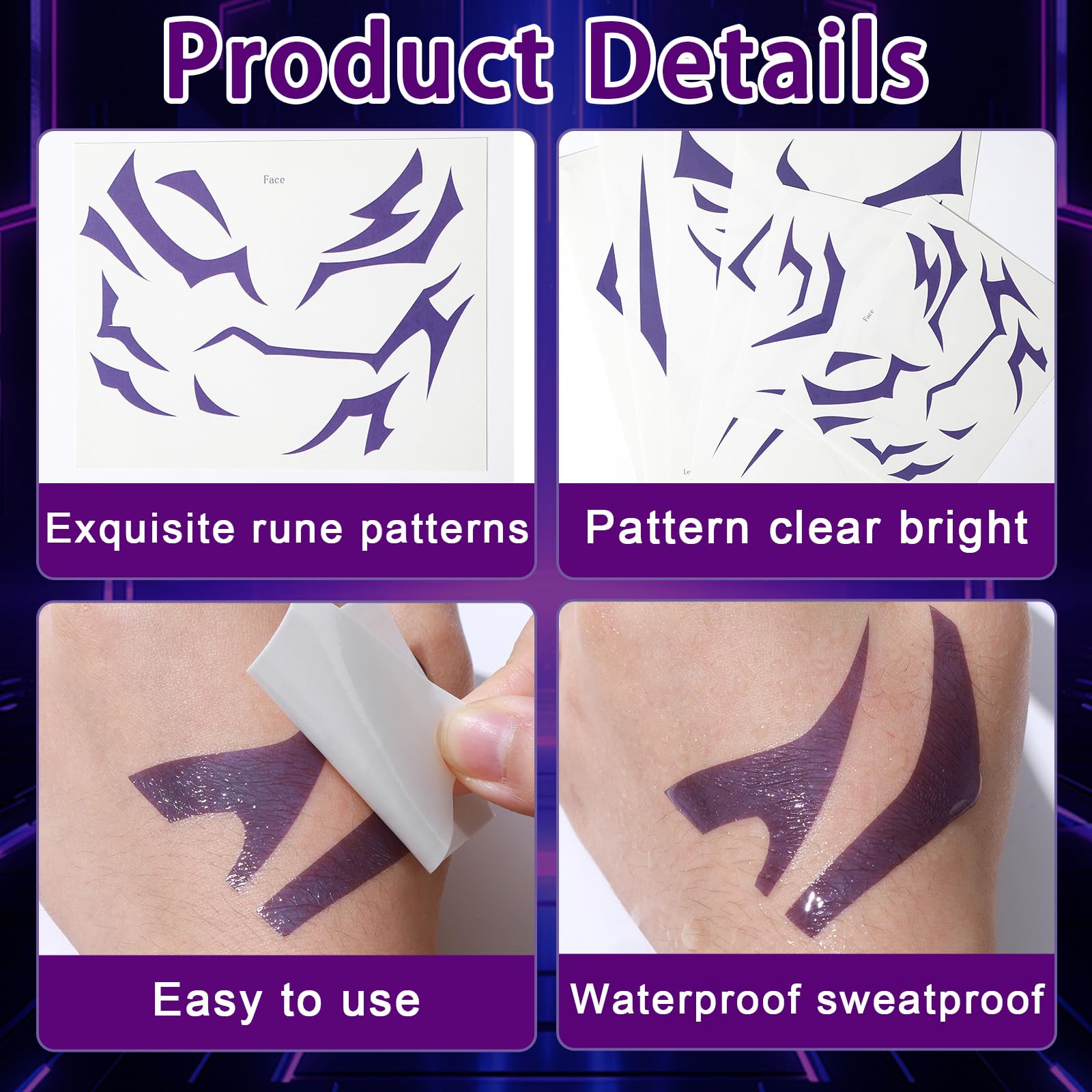 Party Greeting purple demon tattoos on the arms for immersive stage cosplay.