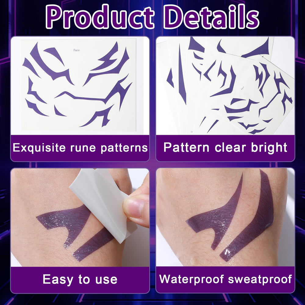 Party Greeting purple demon tattoos on the arms for immersive stage cosplay.