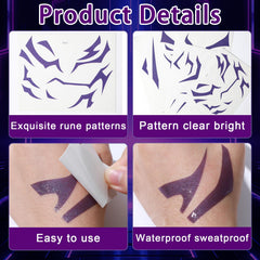 Party Greeting purple demon tattoos on the arms for immersive stage cosplay.