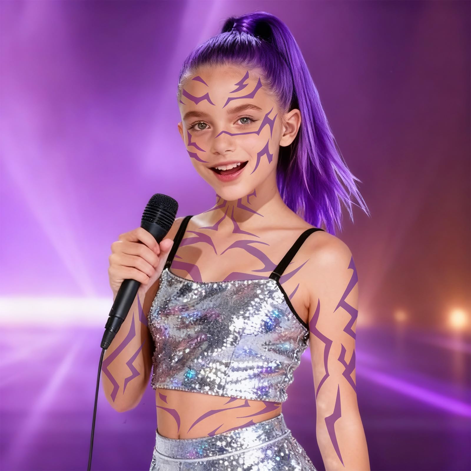 Party Greeting purple demon tattoo on the chest creates bold festival visuals.