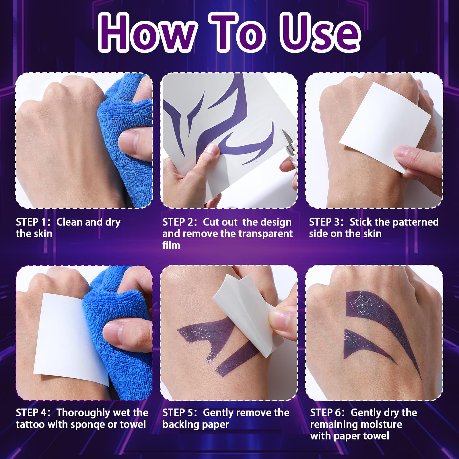 Party Greeting purple demon tattoo close-up shows vibrant color and waterproof finish.