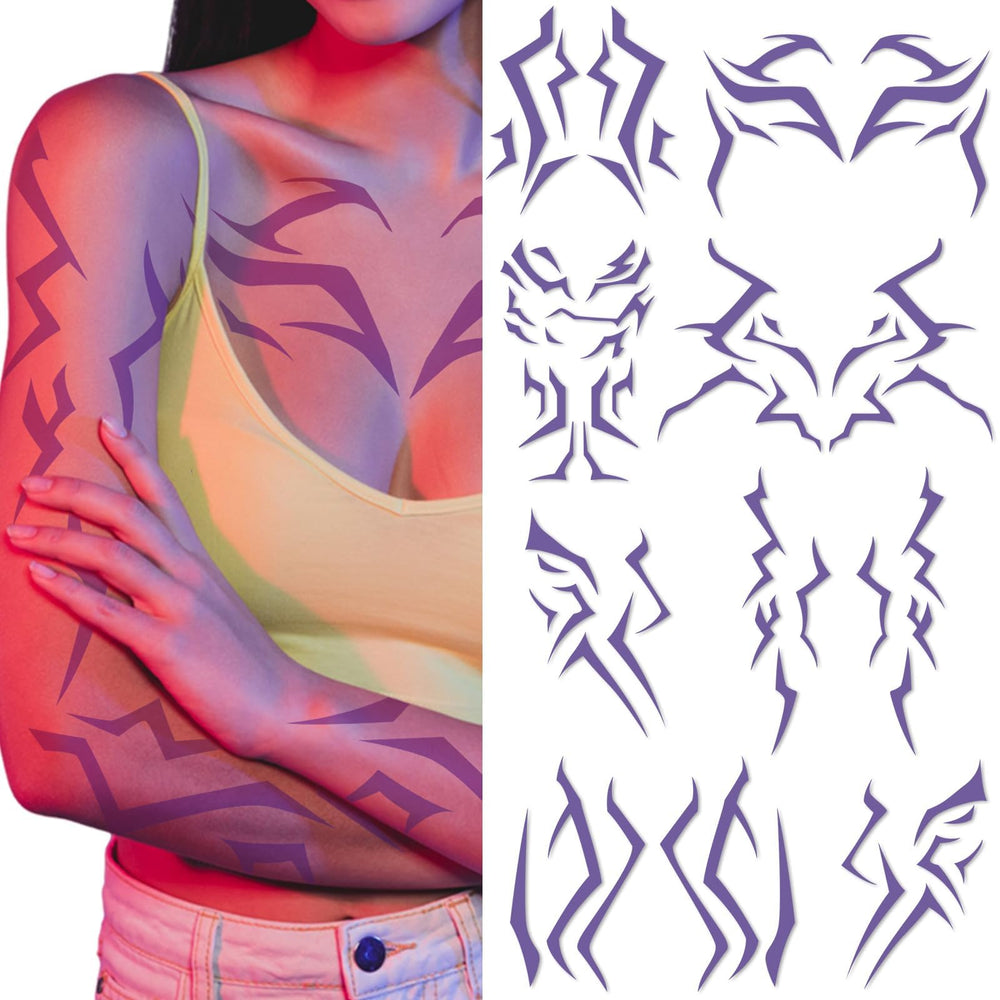 Party Greeting purple demon tattoo on the face for dramatic cosplay look.