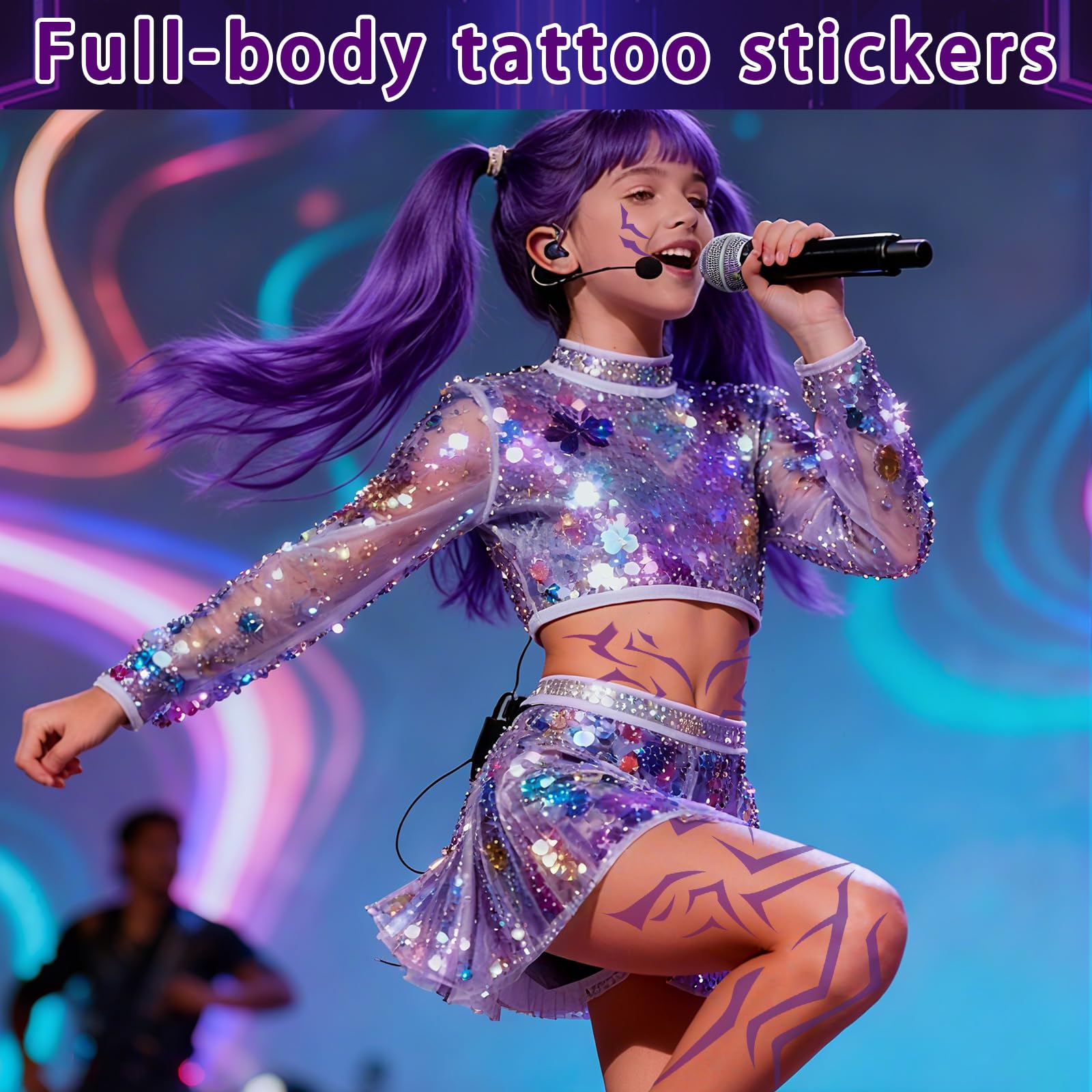Party Greeting purple demon tattoos on the waist elevate body art at parties.