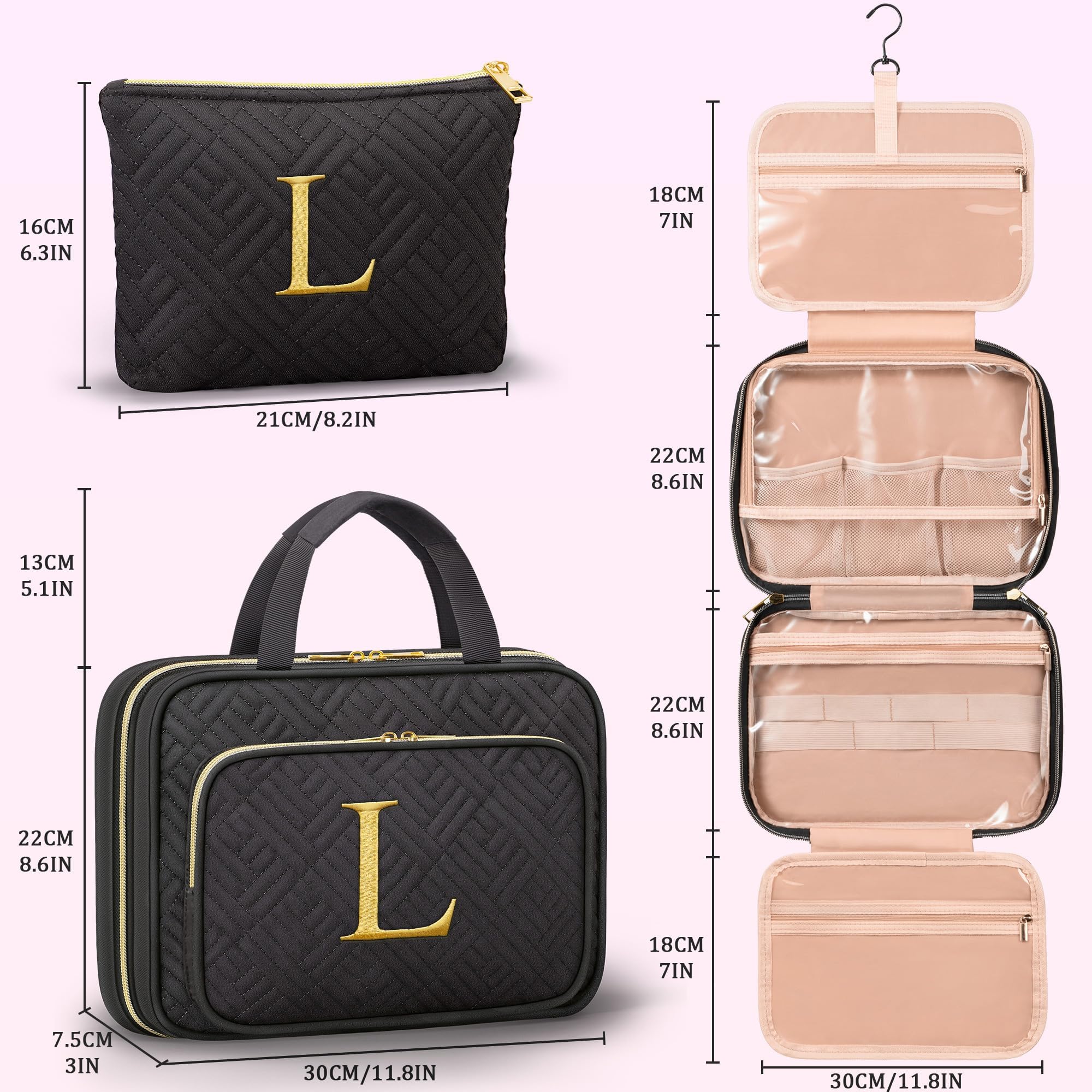 Partylamb large toiletry bag 11.8x3x8.6 inches shown for ample packing space.