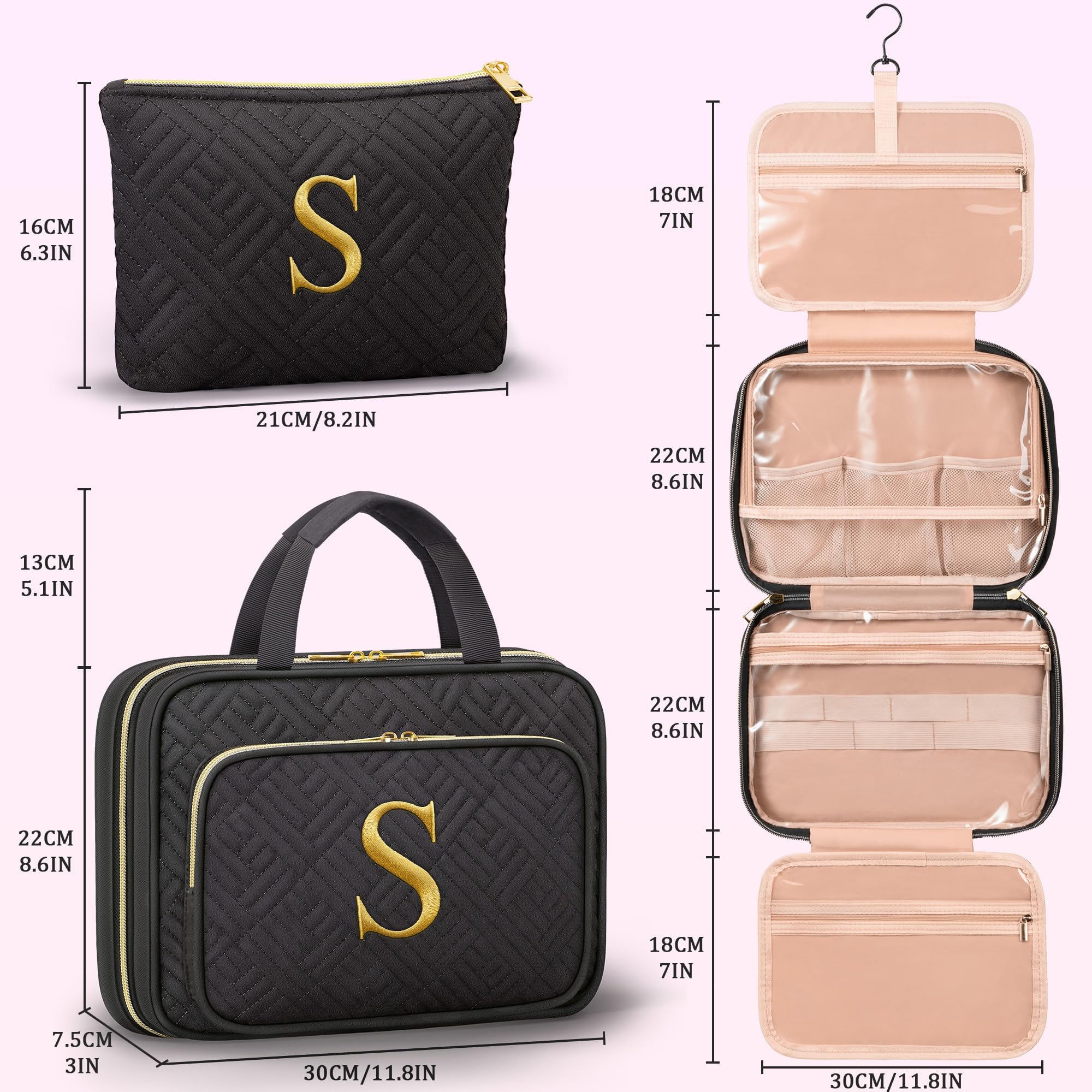 Partylamb initial toiletry bag with swivel hook enables easy hanging during travel