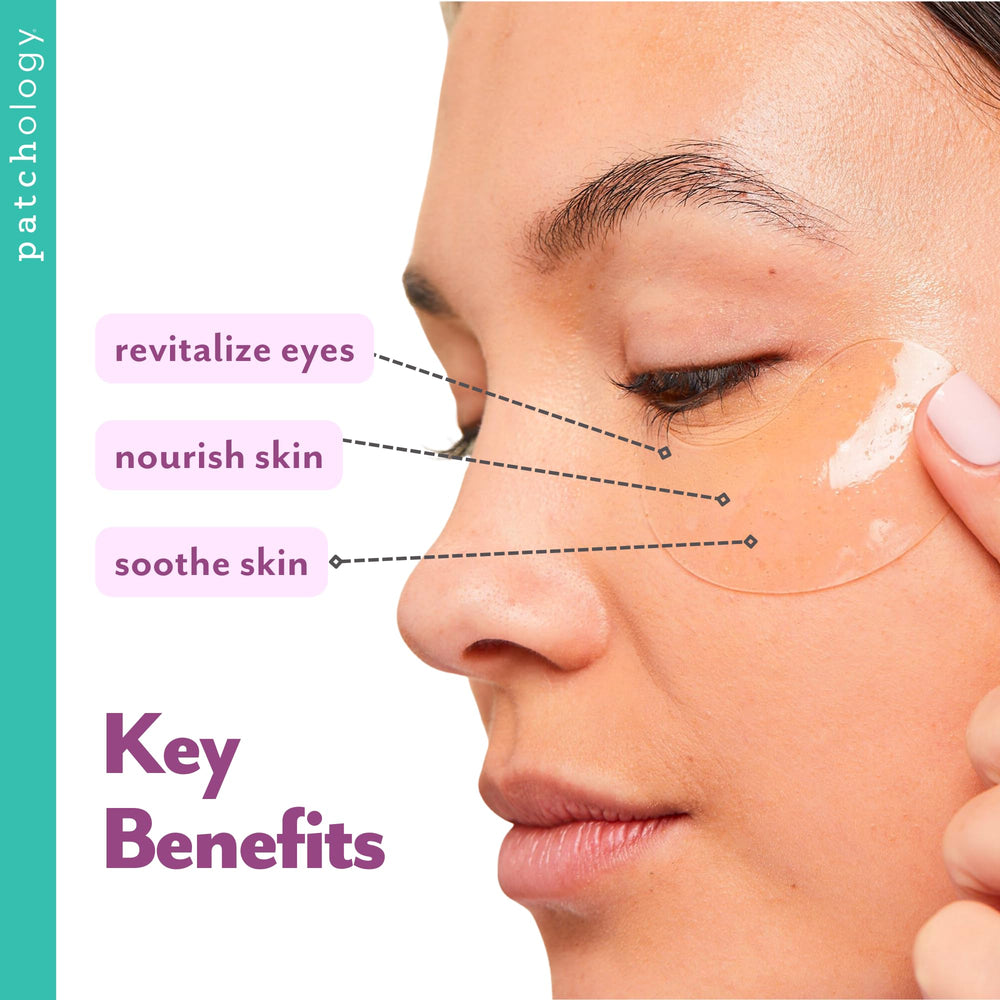 Patchology eye patches being applied under-eye demonstrates soothing cooling application.