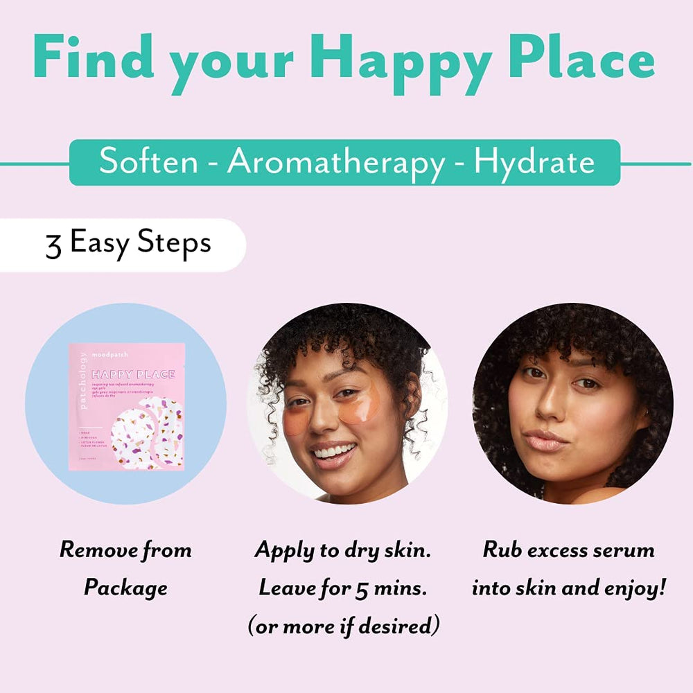 Patchology Happy Place under-eye patches during application suggest soothing depuffing overnight care