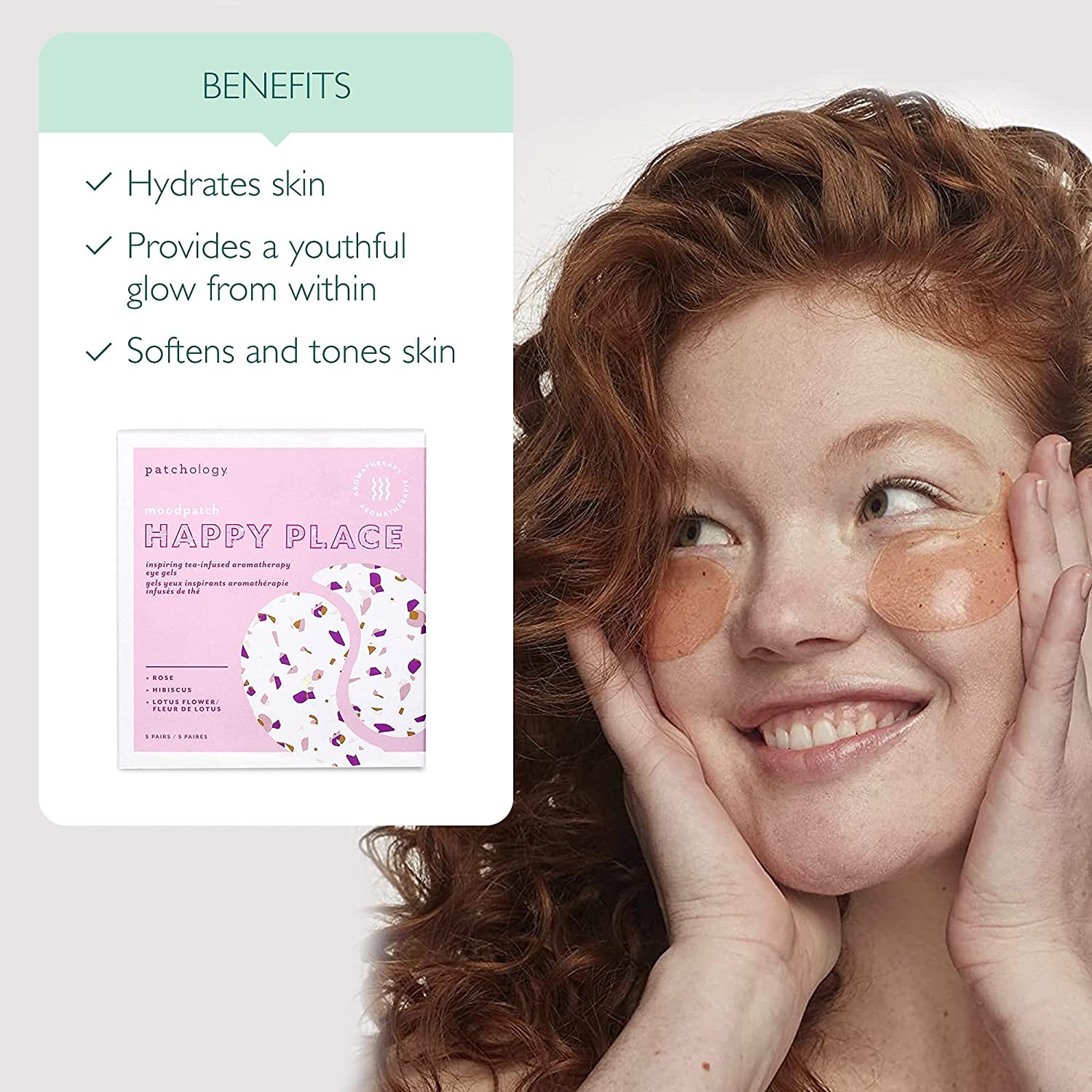 Patchology Happy Place under-eye patches close-up shows hibiscus infusion for brighter under-eye skin