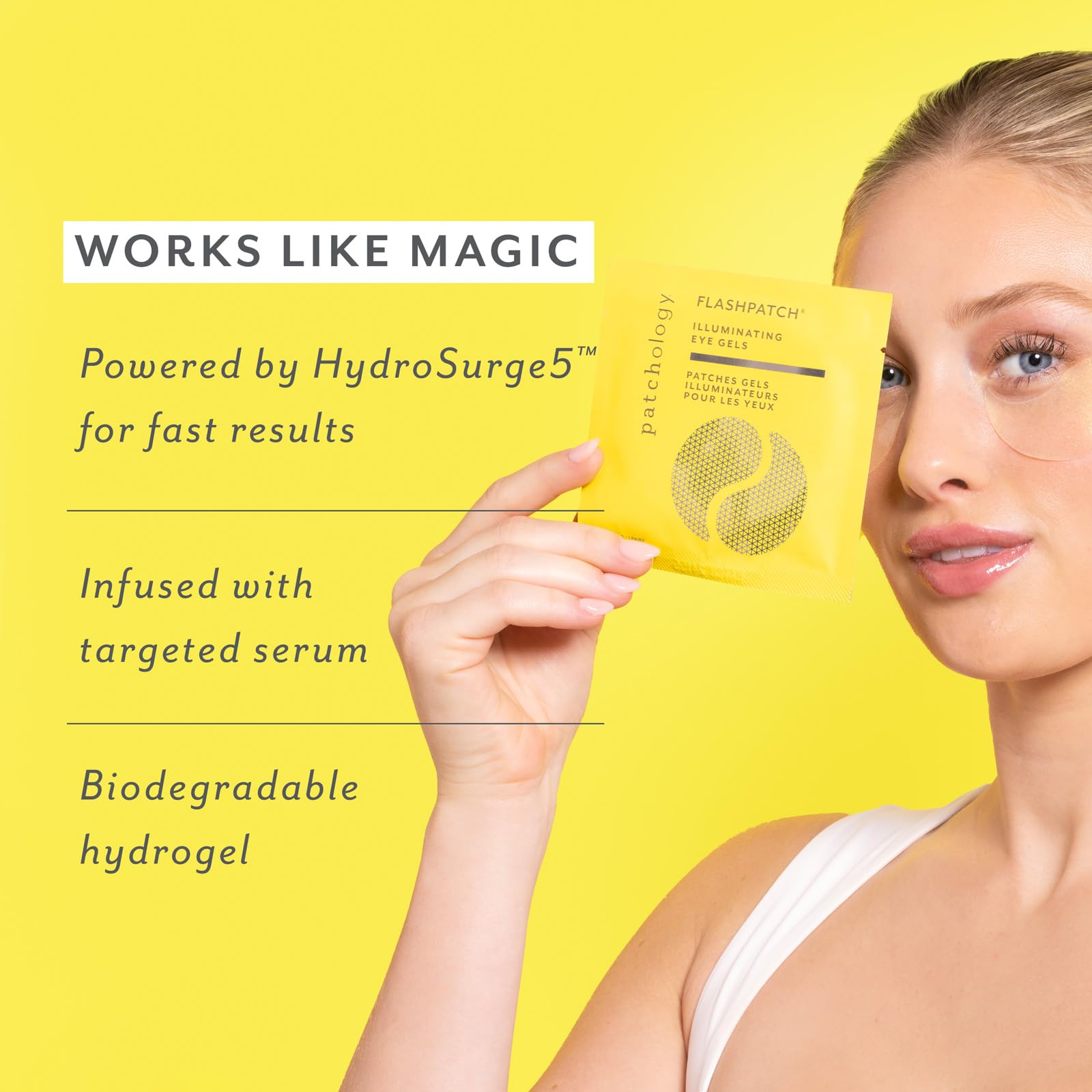 Patchology eye patches highlighting caffeine and collagen ingredients for nourishment