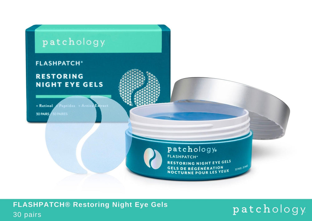 Patchology Restoring Eye Patches packaging open view highlights value