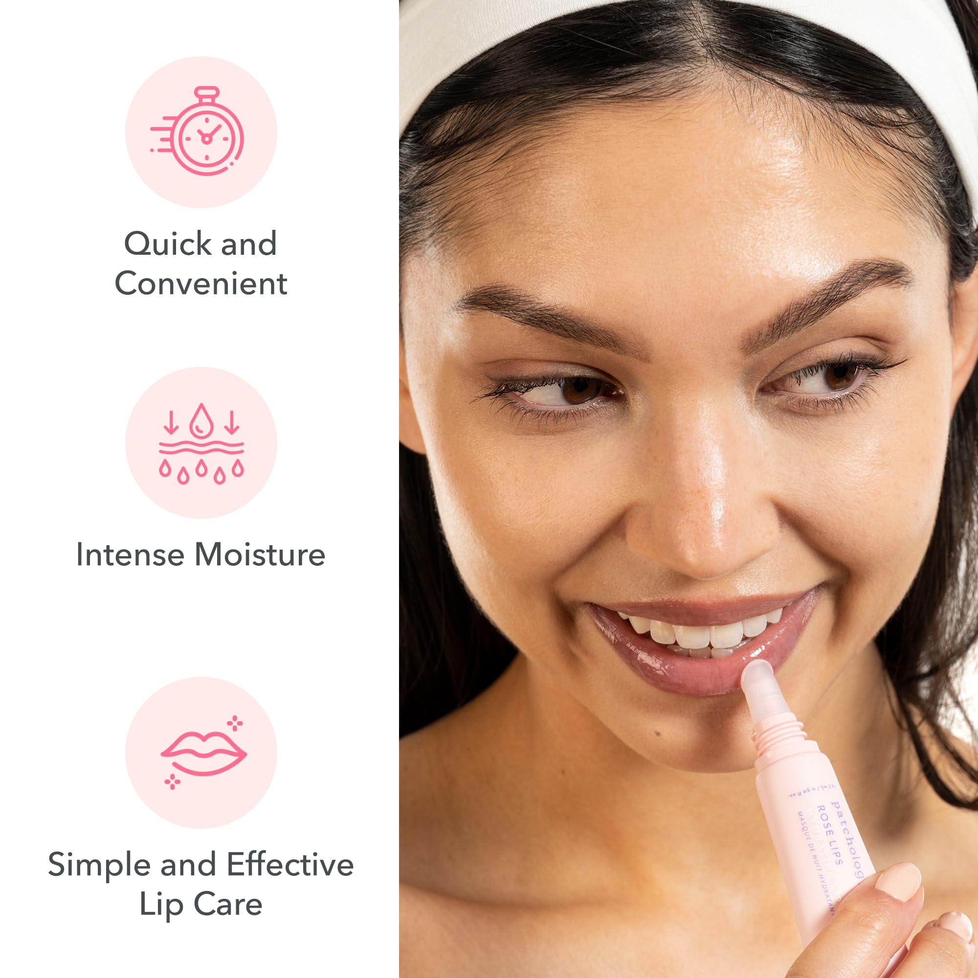 Patchology Rosé Lip Sleeping Mask night stand display showing nighttime lip care ritual.