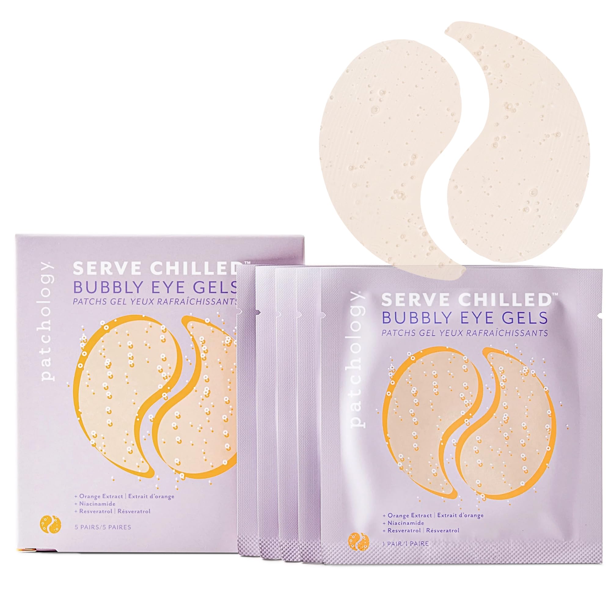 Patchology Serve Chilled Bubbly Eye Gels packaging front shows refreshing hydration benefits.