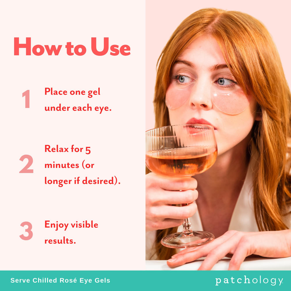 Patchology Serve Chilled Rosé Eye Gels application process illustrated for cooling routine