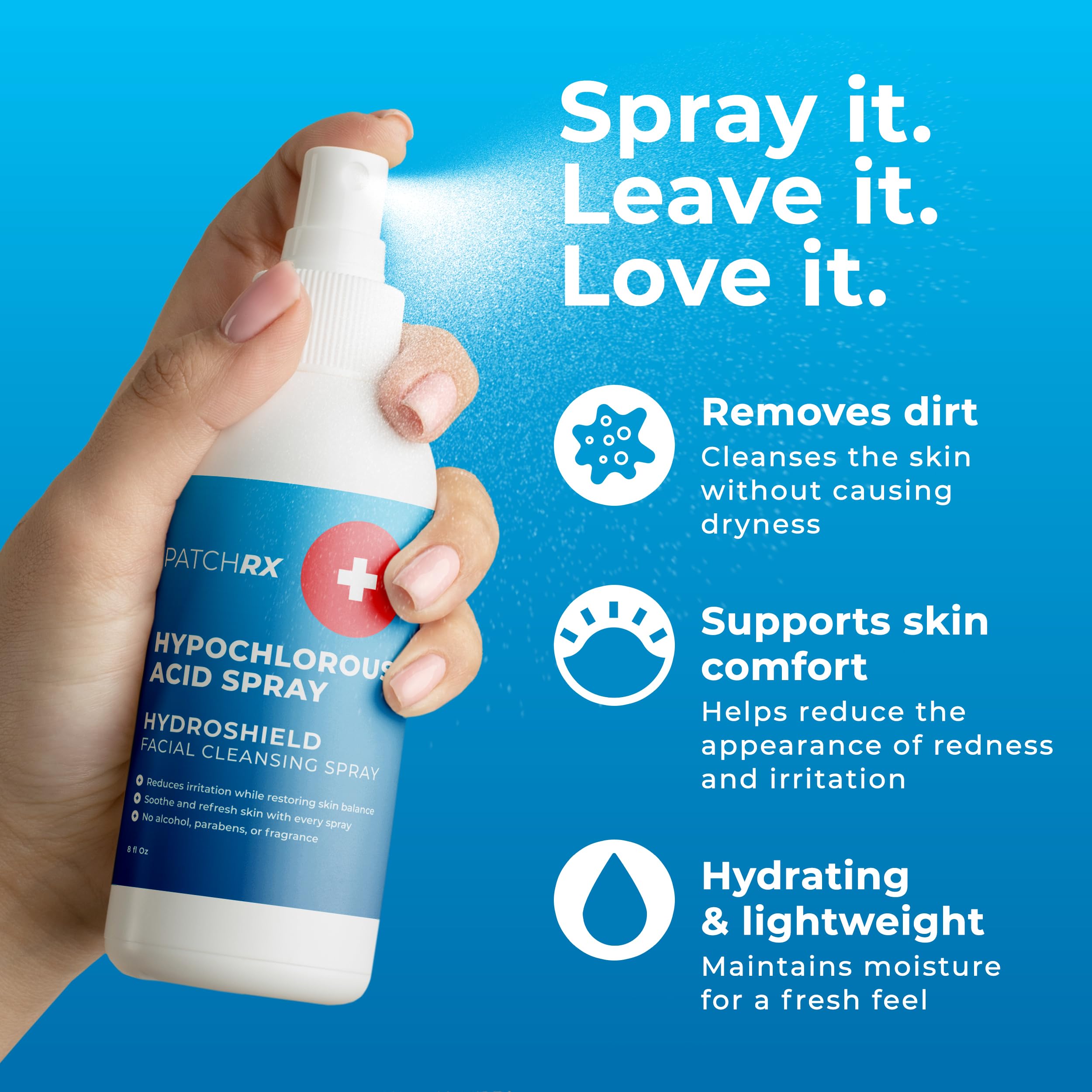 PatchRx HOCL spray mist close-up for daily soothing and cleansing.