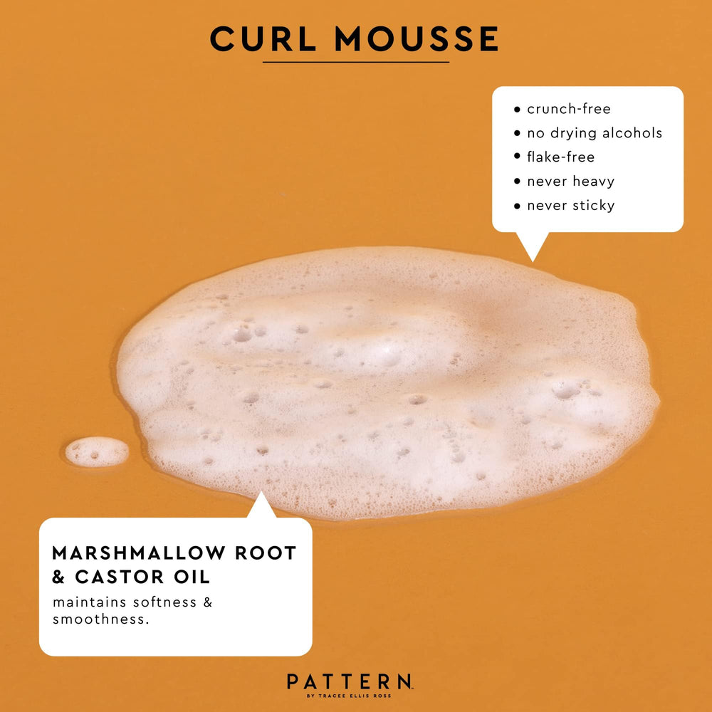 PATTERN Beauty Curl Mousse soft finish shot emphasizes flake-free, breathable hold.
