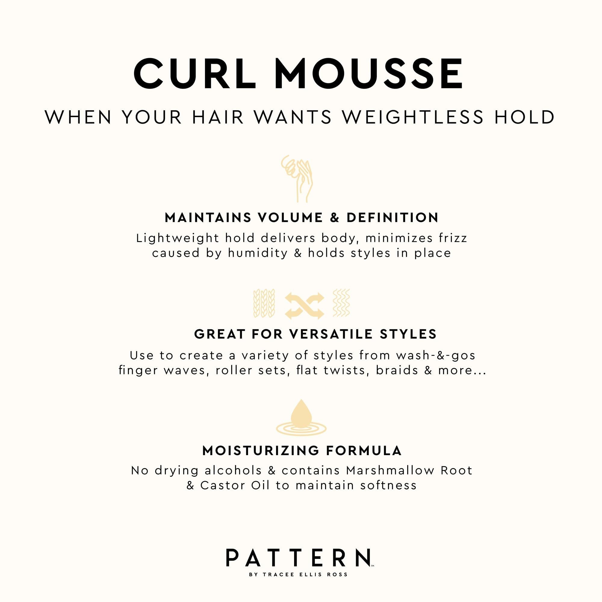 PATTERN Beauty Curl Mousse texture close-up conveys smoothness and curl separation.
