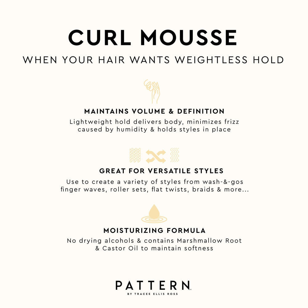 PATTERN Beauty Curl Mousse texture close-up conveys smoothness and curl separation.
