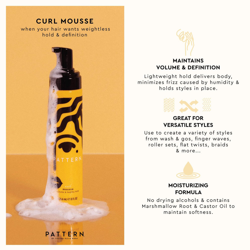 PATTERN Beauty Curl Mousse wash-and-go curls with defined texture and natural shine.