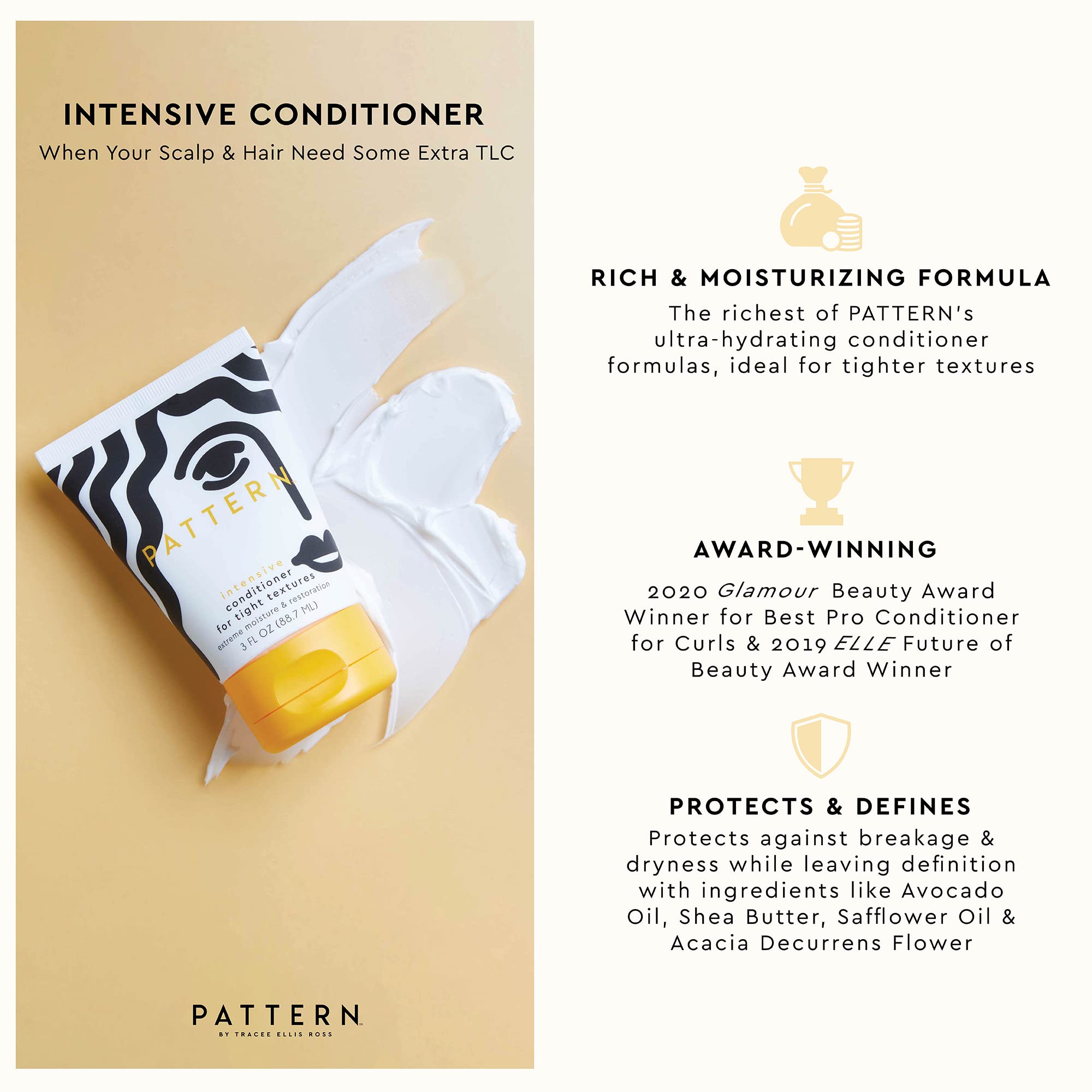 PATTERN Intensive Conditioner cream texture coats hair with smooth, hydrated feel.