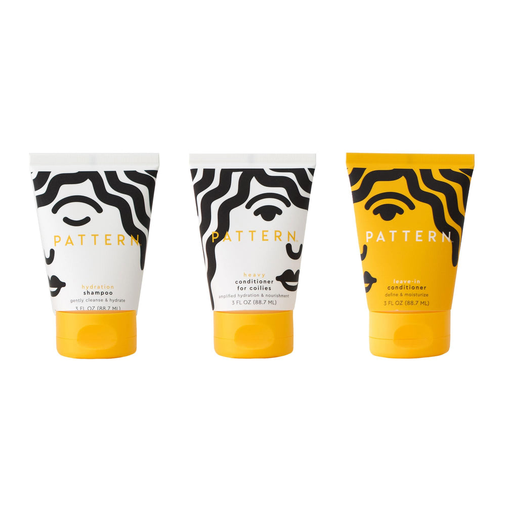 PATTERN Hydration Shampoo 3oz bottle pictured offers moisture boost for daily curls.