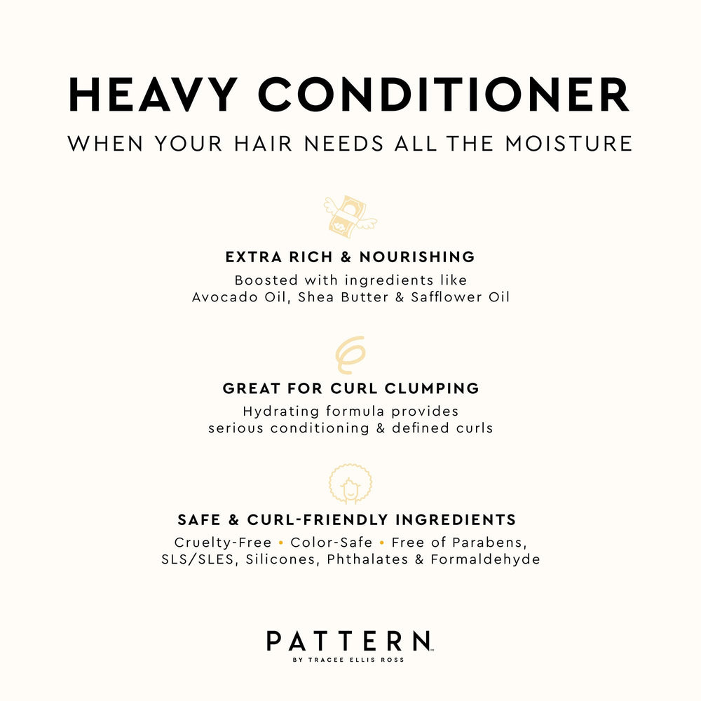 PATTERN Heavy Conditioner curl-clumping closeup demonstrates defined, hydrated curls with less frizz.