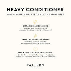 PATTERN Heavy Conditioner curl-clumping closeup demonstrates defined, hydrated curls with less frizz.