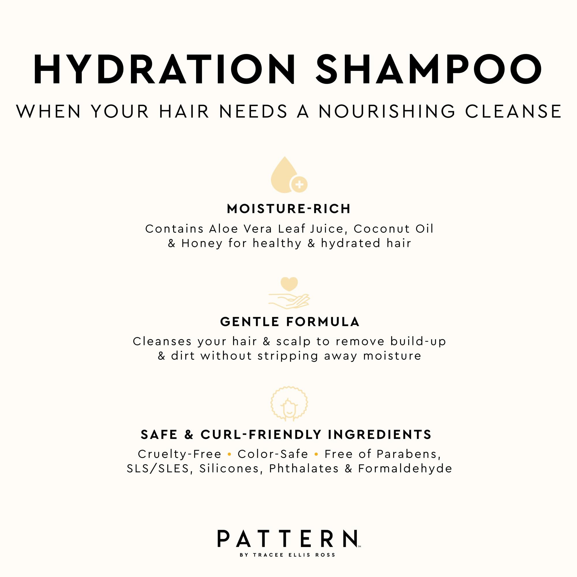 PATTERN Hydration Shampoo biotin-drops suggest strengthening for healthy-looking curls