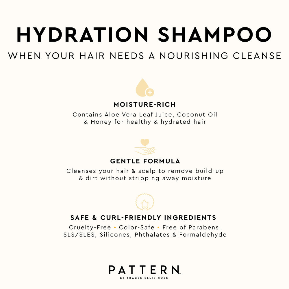 PATTERN Hydration Shampoo biotin-drops suggest strengthening for healthy-looking curls