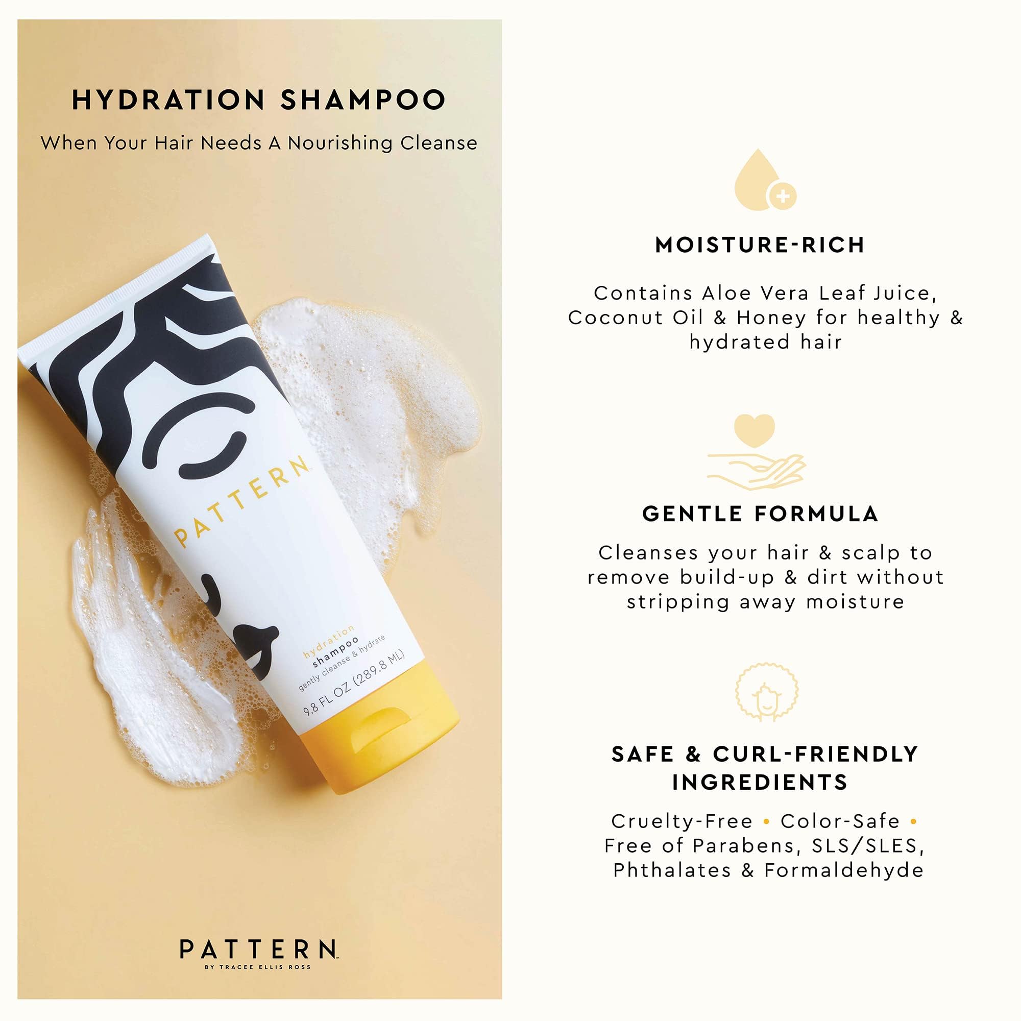PATTERN Hydration Shampoo bottle back label highlights color-safe formula for 3a-4c curls.