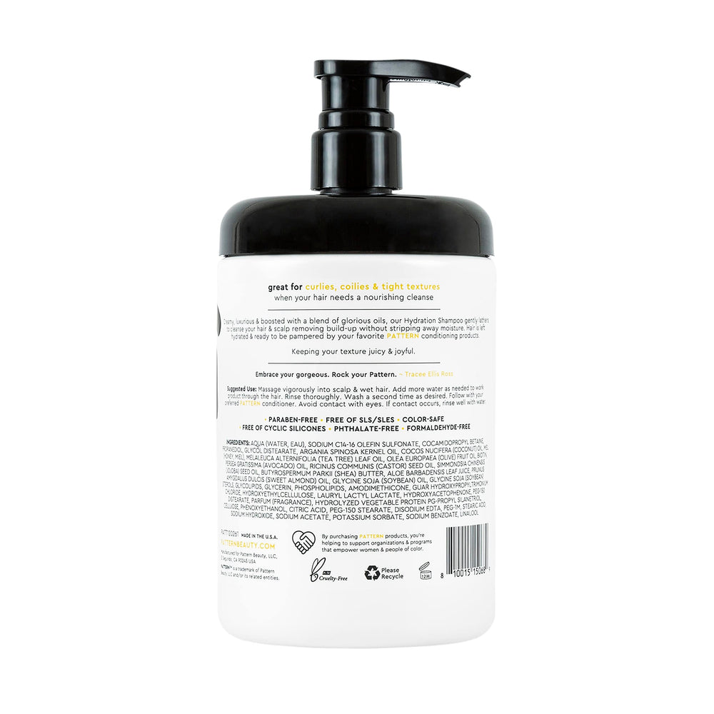PATTERN Hydration Shampoo tea tree leaf suggests refreshing, balanced scalp care.