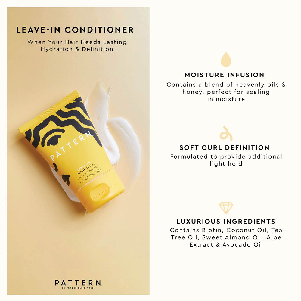 PATTERN Leave-In Conditioner bottle open showcases premium hydration for coily textures.