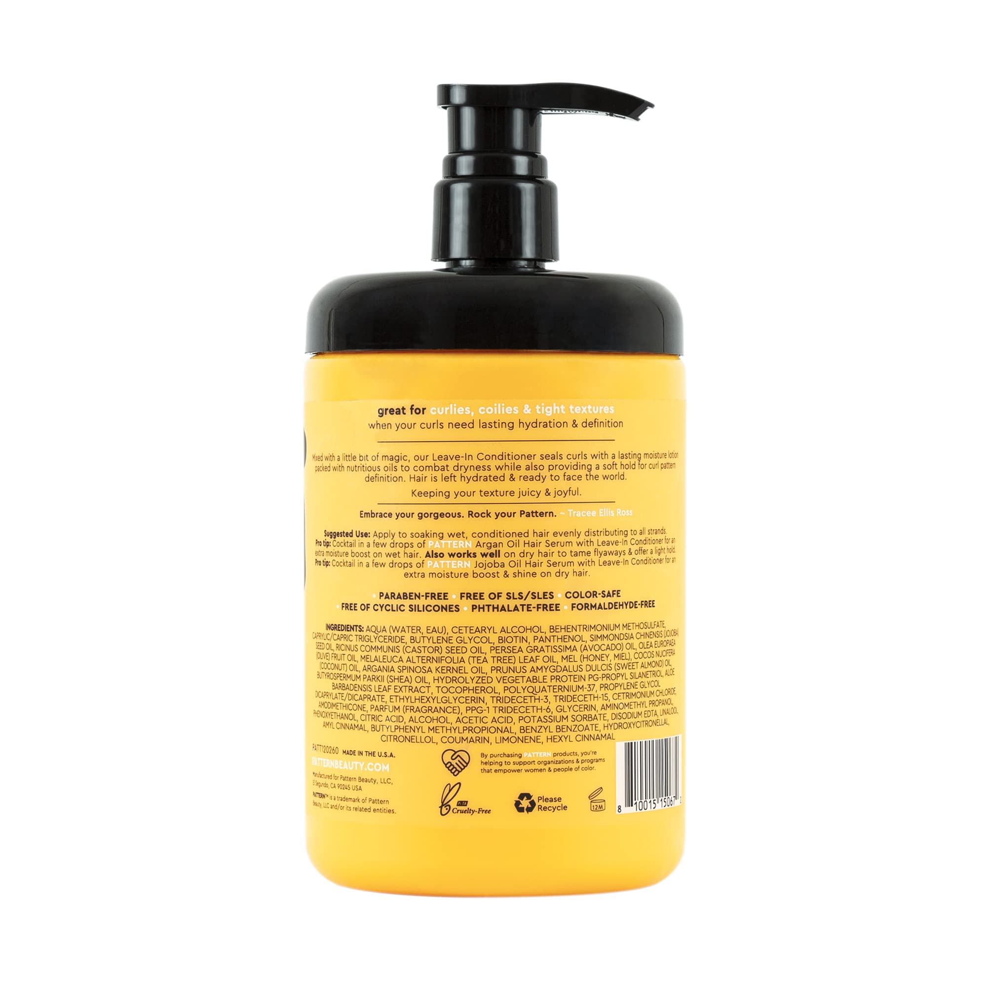 PATTERN Leave-In Conditioner jar close-up hints at honey and biotin for shine.