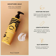 PATTERN Moisture Hair Milk creamy texture suggests rich hydration for soft, manageable curls.