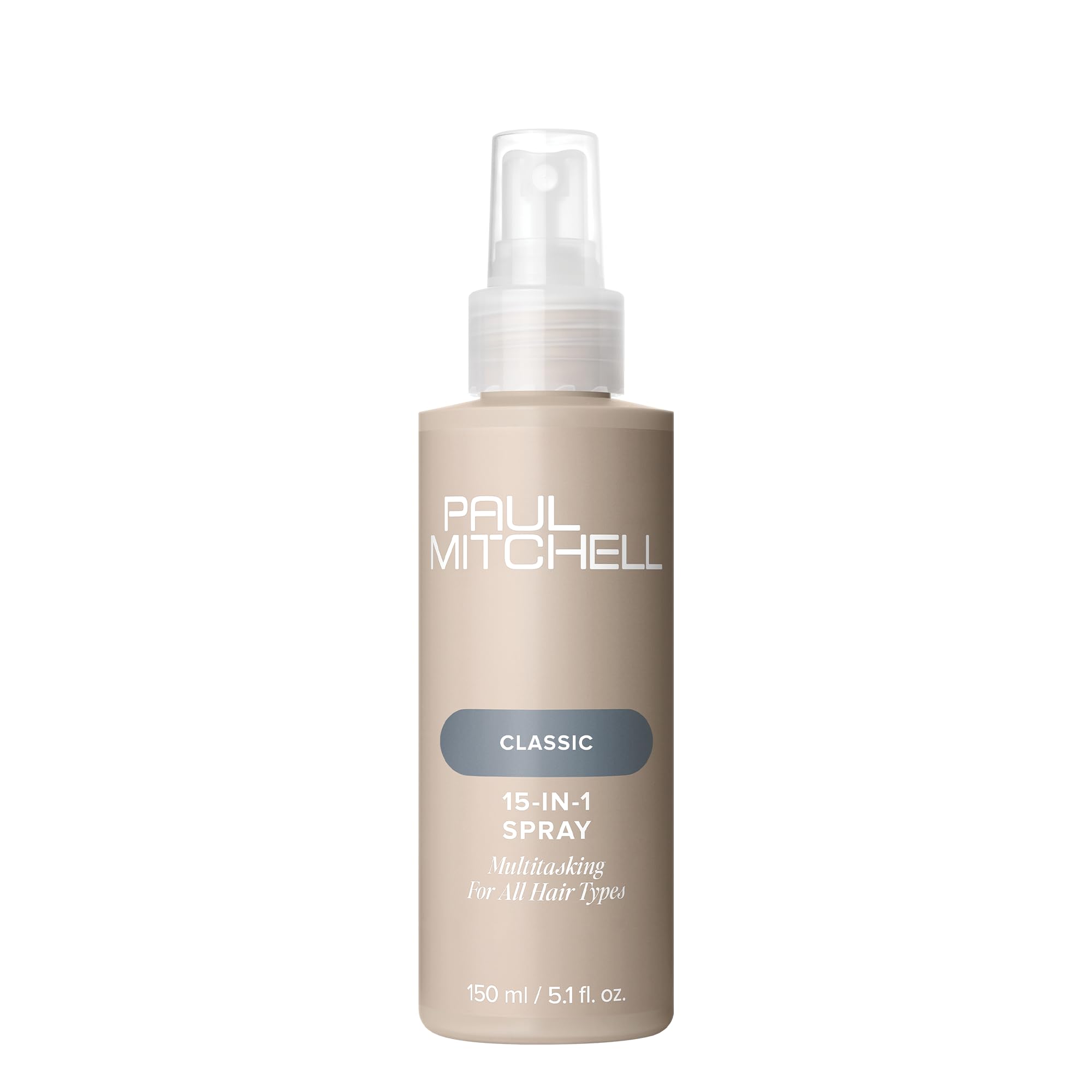 Paul Mitchell 15-In-1 Spray bottle closeup shows multitasking benefits for all hair types