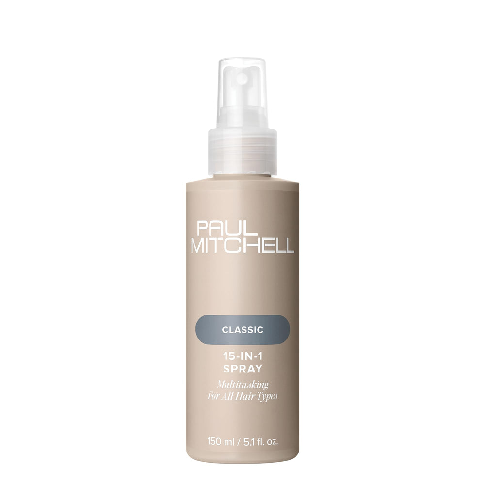 Paul Mitchell 15-In-1 Spray bottle closeup shows multitasking benefits for all hair types