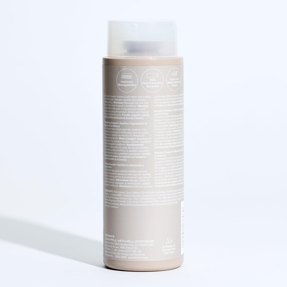 Paul Mitchell Awapuhi Shampoo bottle with cucumber-melon fragrance evokes a refreshing shower experience.