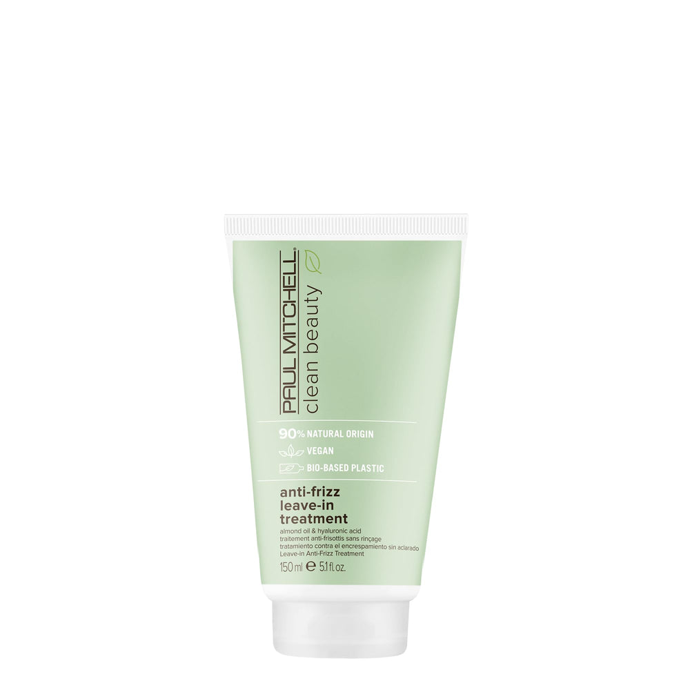 Paul Mitchell Clean Beauty anti-frizz leave-in bottle demonstrates smoothing formula with humidity protection.